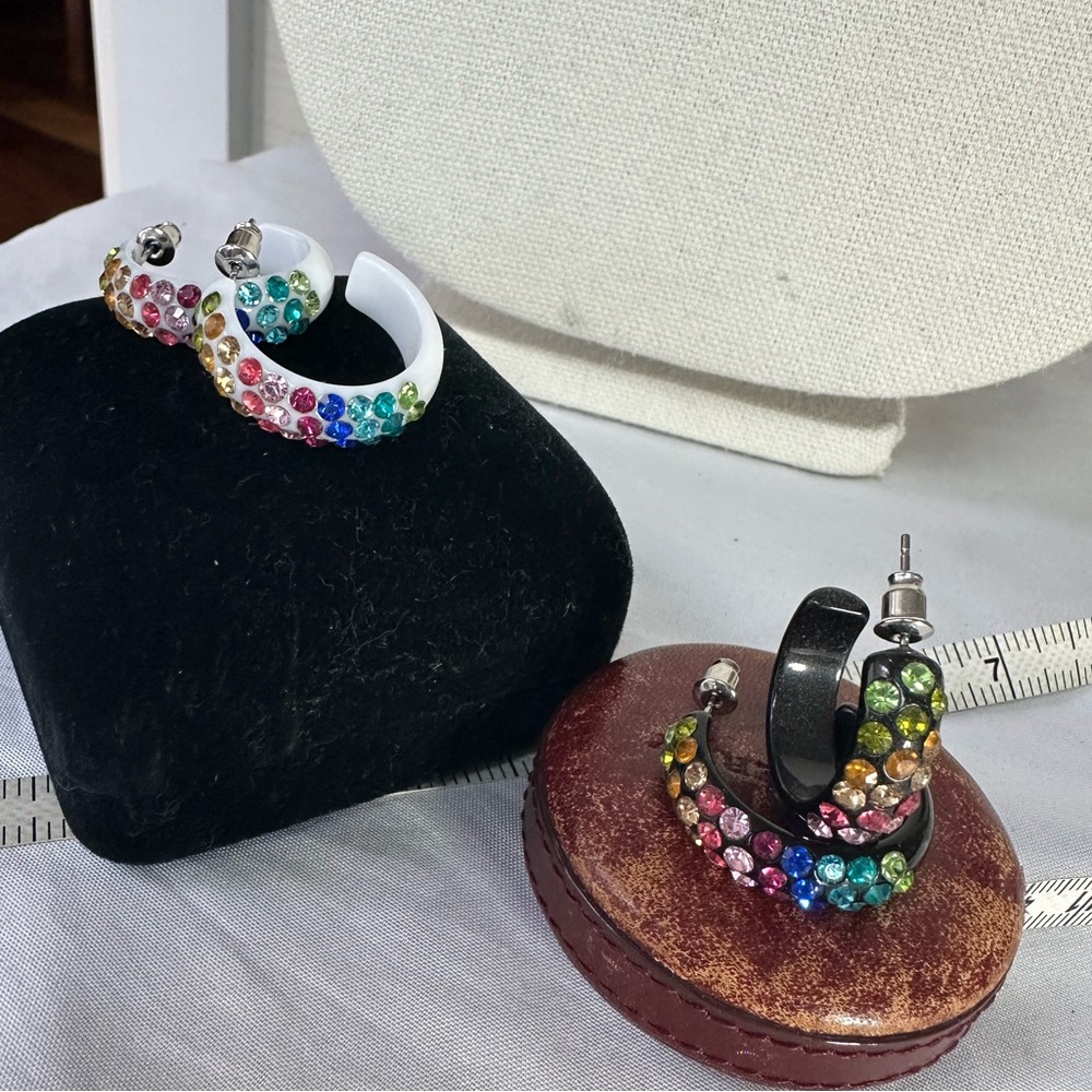 Two pair of open hoop rainbow rhinestone earrings